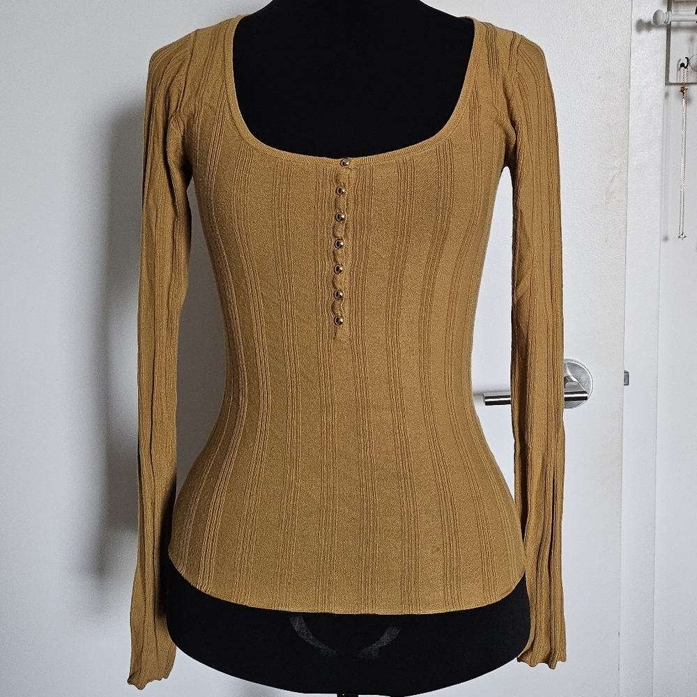 Rienda Gyaru Japan Mustard Yellow Gold Button Ribbed Henley Long Sleeve Shirt